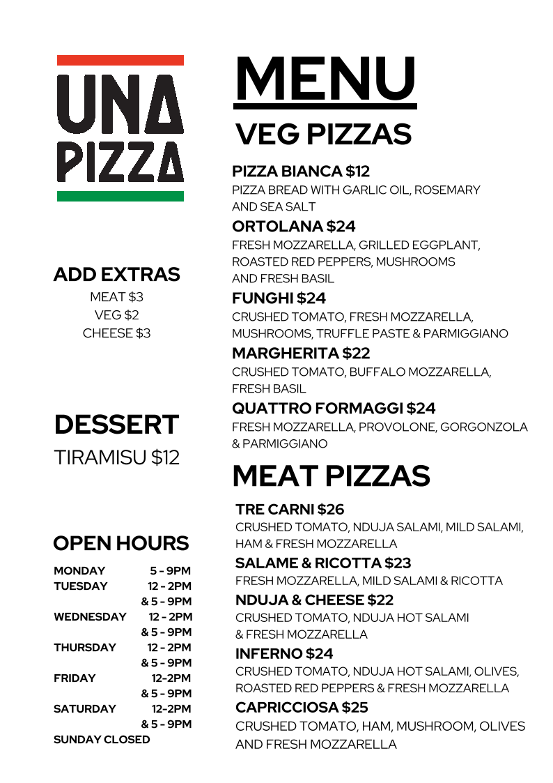 Menu, UNA Pizza Canberra