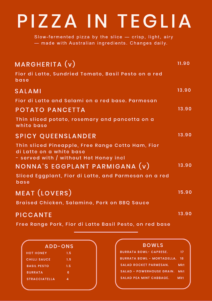 Menu, PIZZOTECA