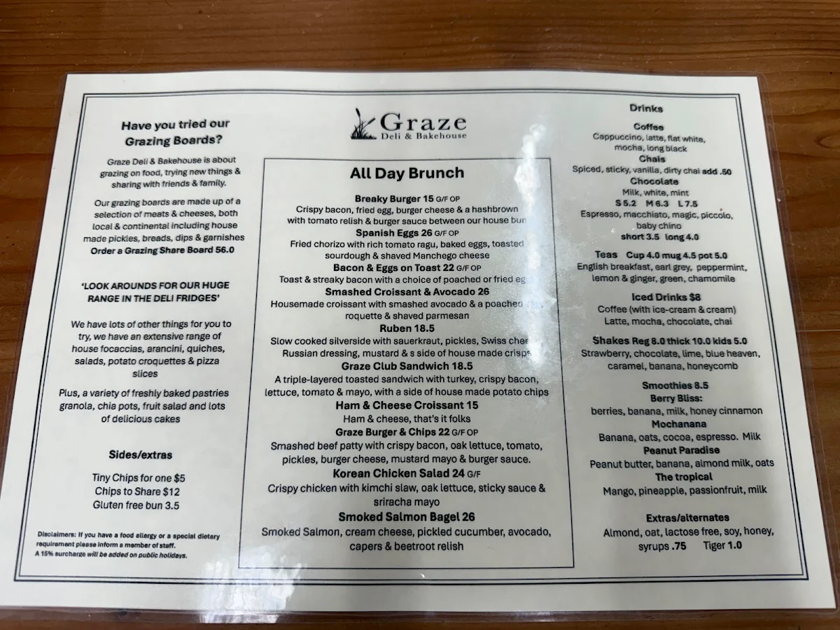 Menu, Graze Deli and Bakehouse