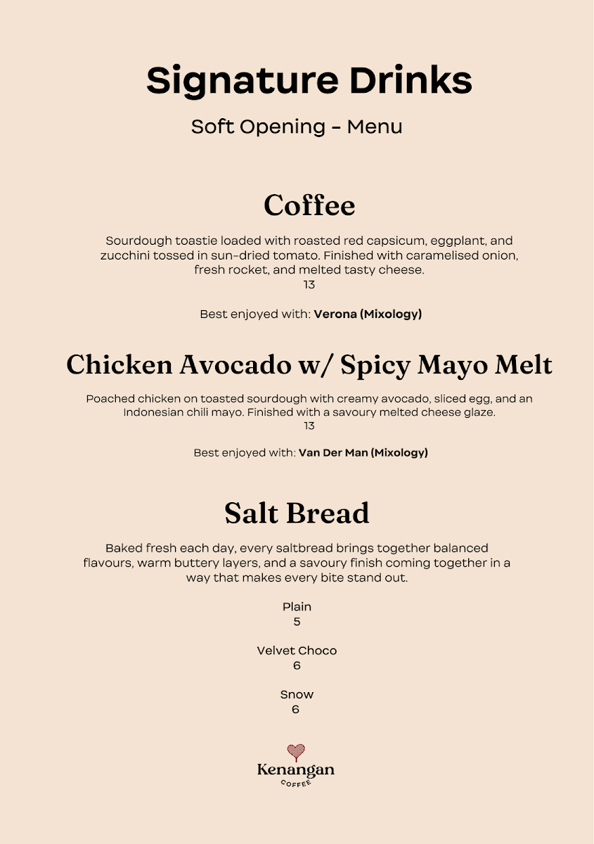 Menu, Kenangan Coffee Druitt Sydney