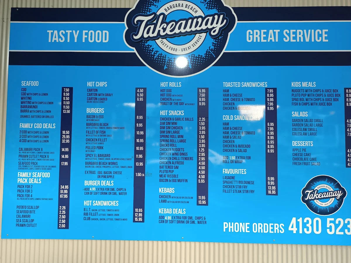 Menu, Bargara Beach Takeaway