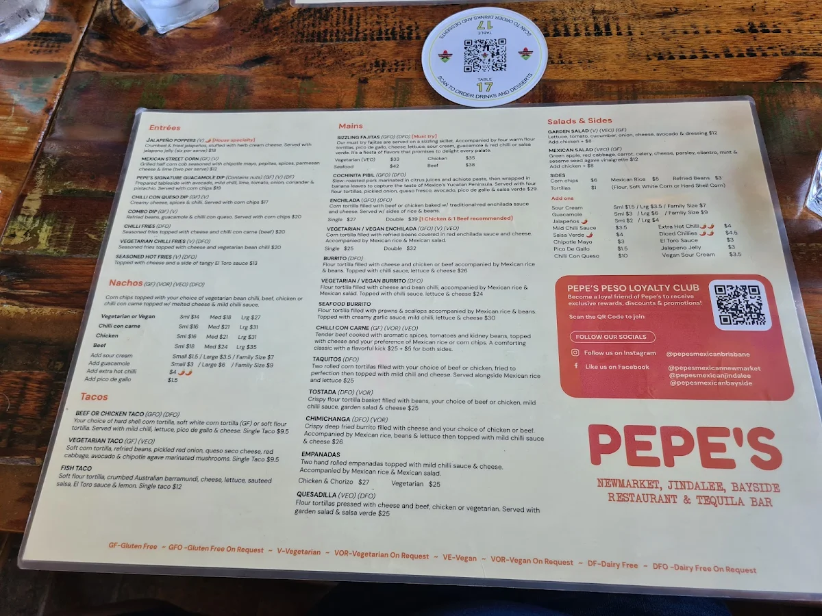 Menu, Pepe's Mexican Restaurant at Newmarket