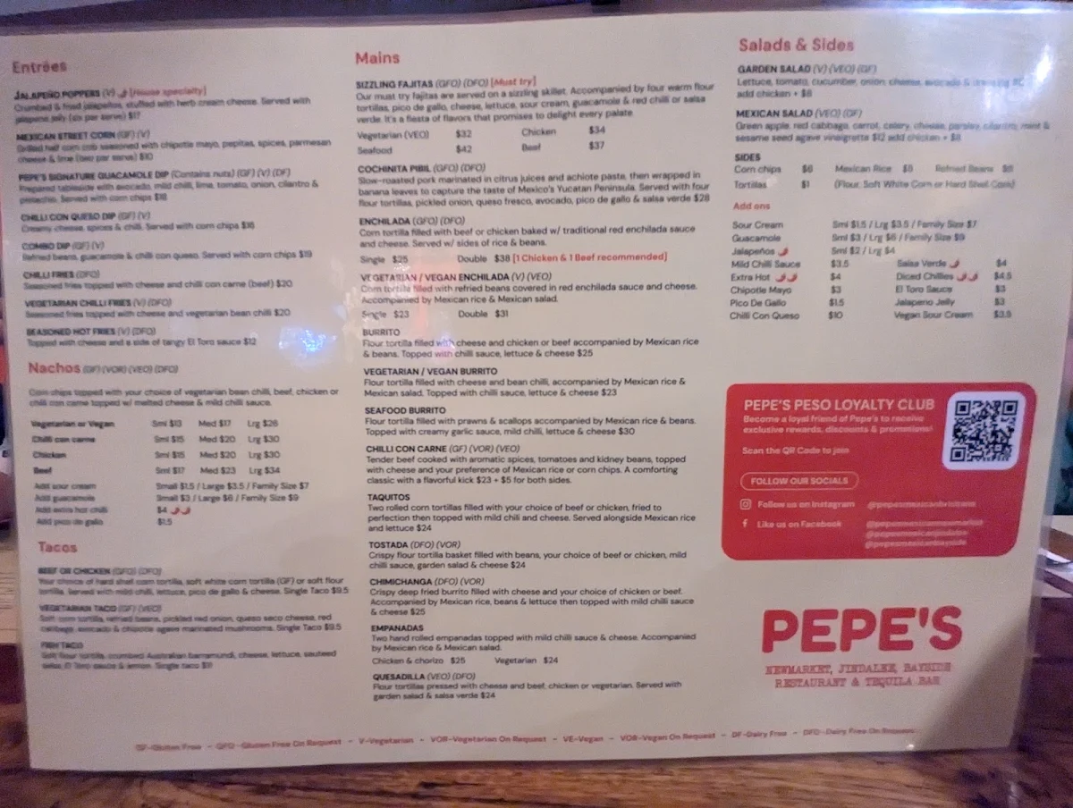 Menu, Pepe's Mexican Restaurant at Newmarket