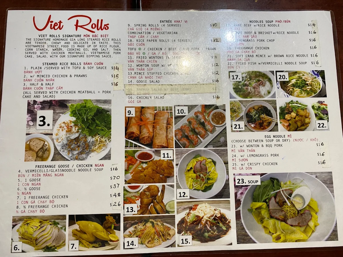 Menu, Viet Rolls Marrickville