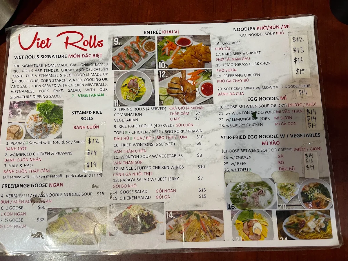 Menu, Viet Rolls Marrickville