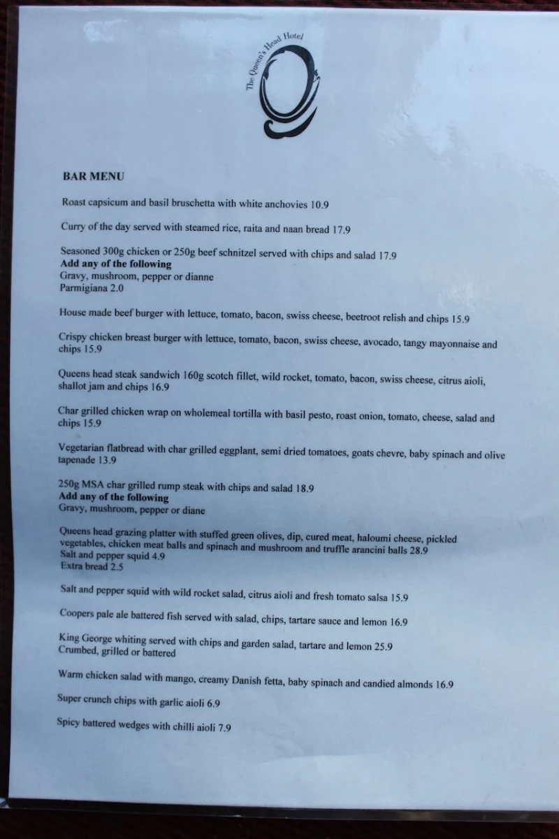 Menu, Queen's Head Hotel