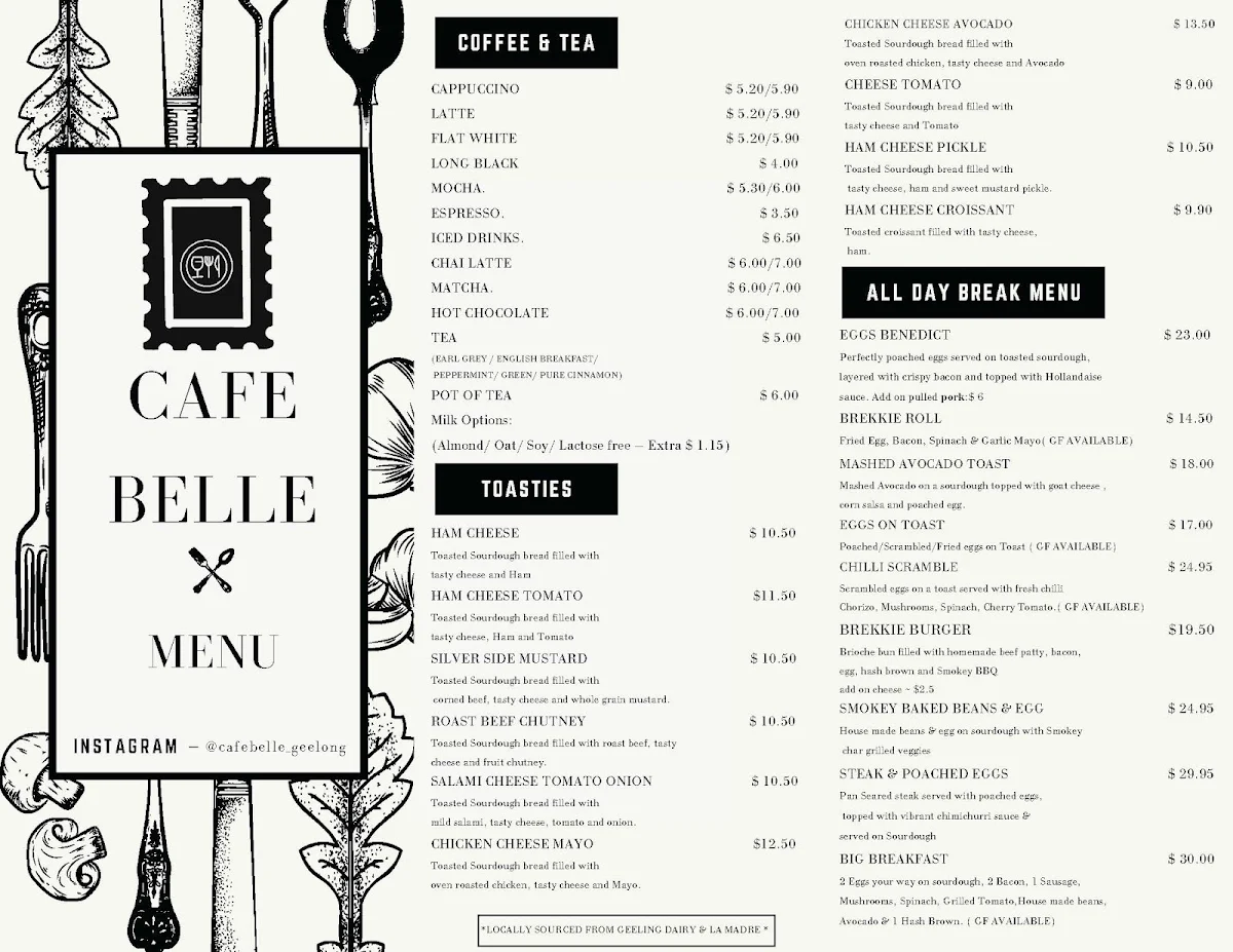 Menu, Cafe Belle