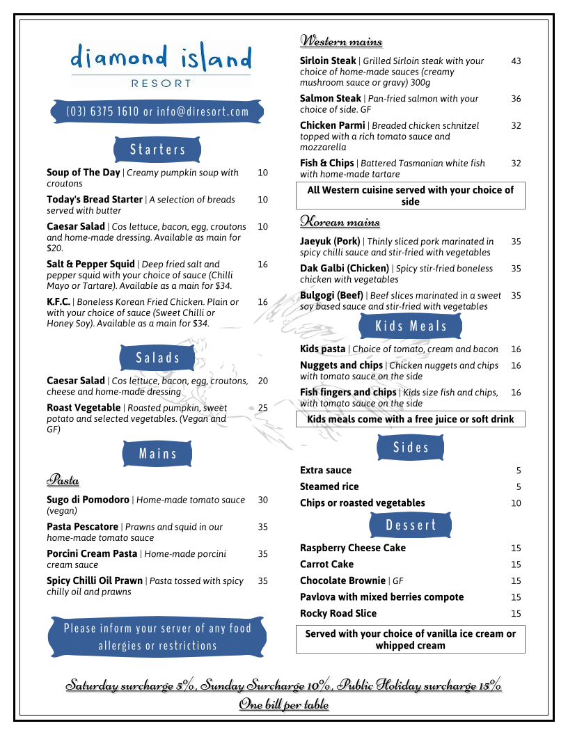 Menu, Harmony Restaurant