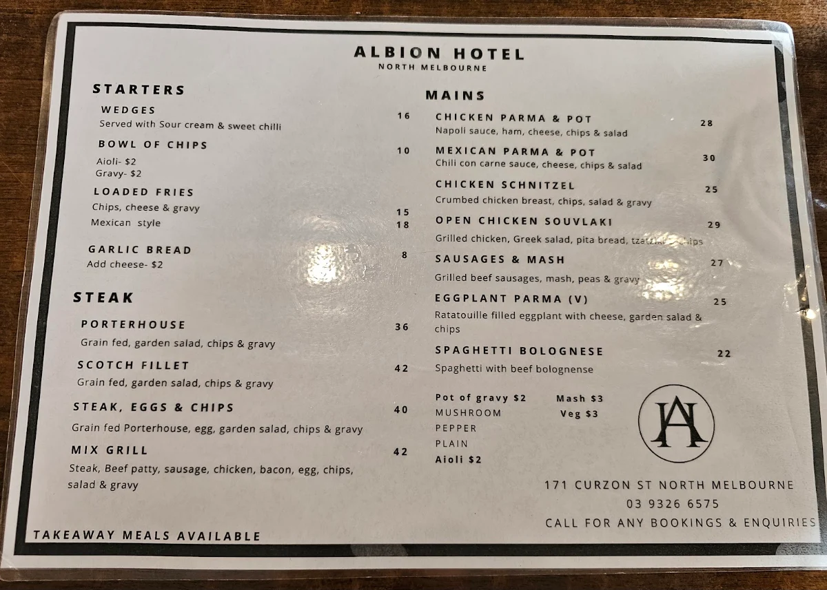 Menu, Albion Hotel North Melbourne