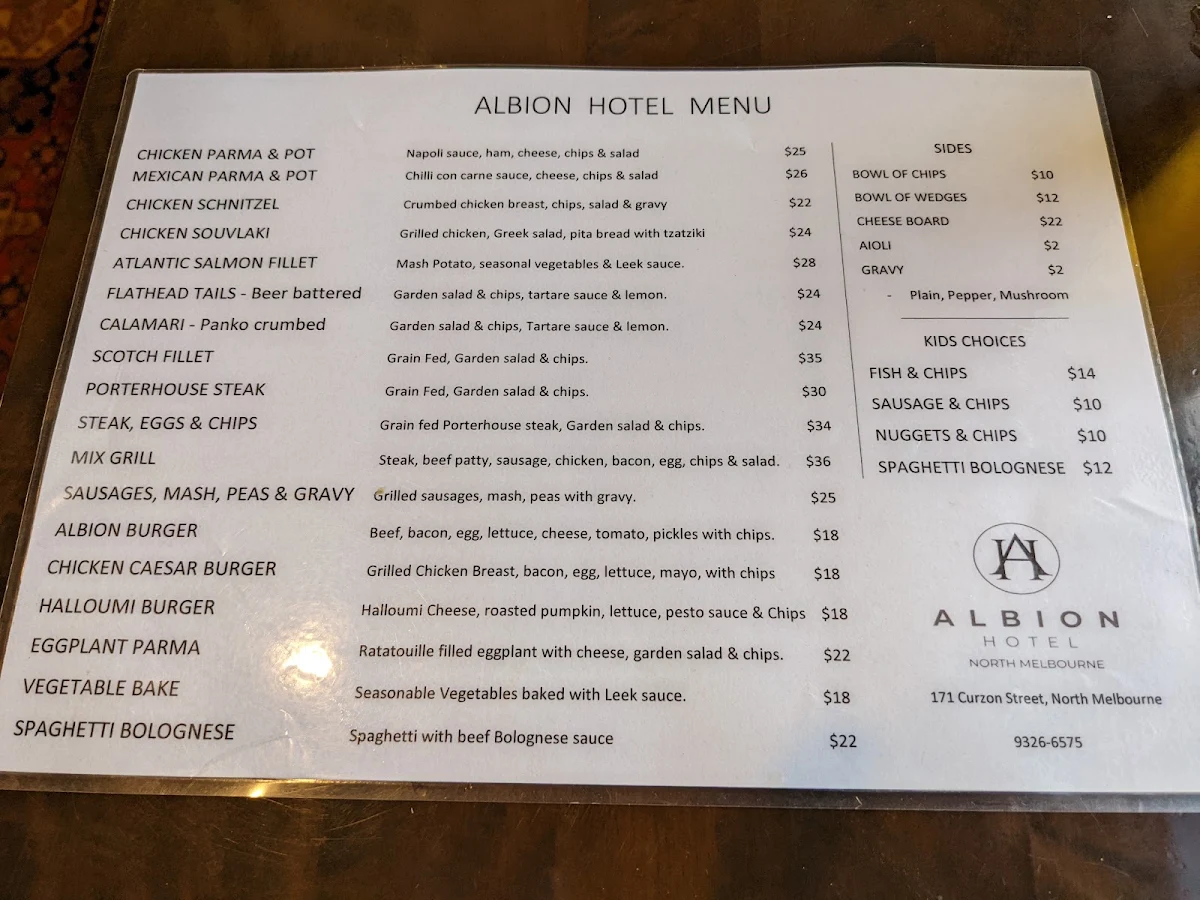 Menu, Albion Hotel North Melbourne