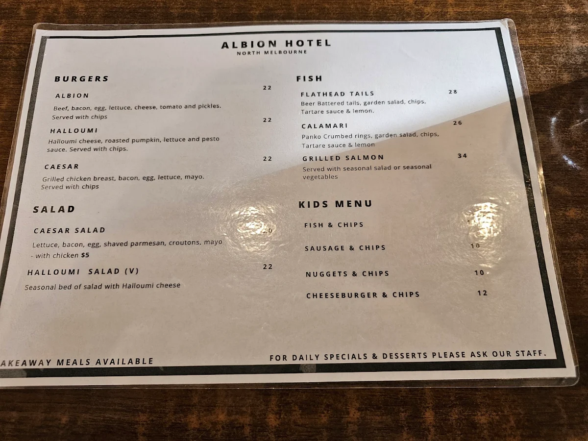 Menu, Albion Hotel North Melbourne