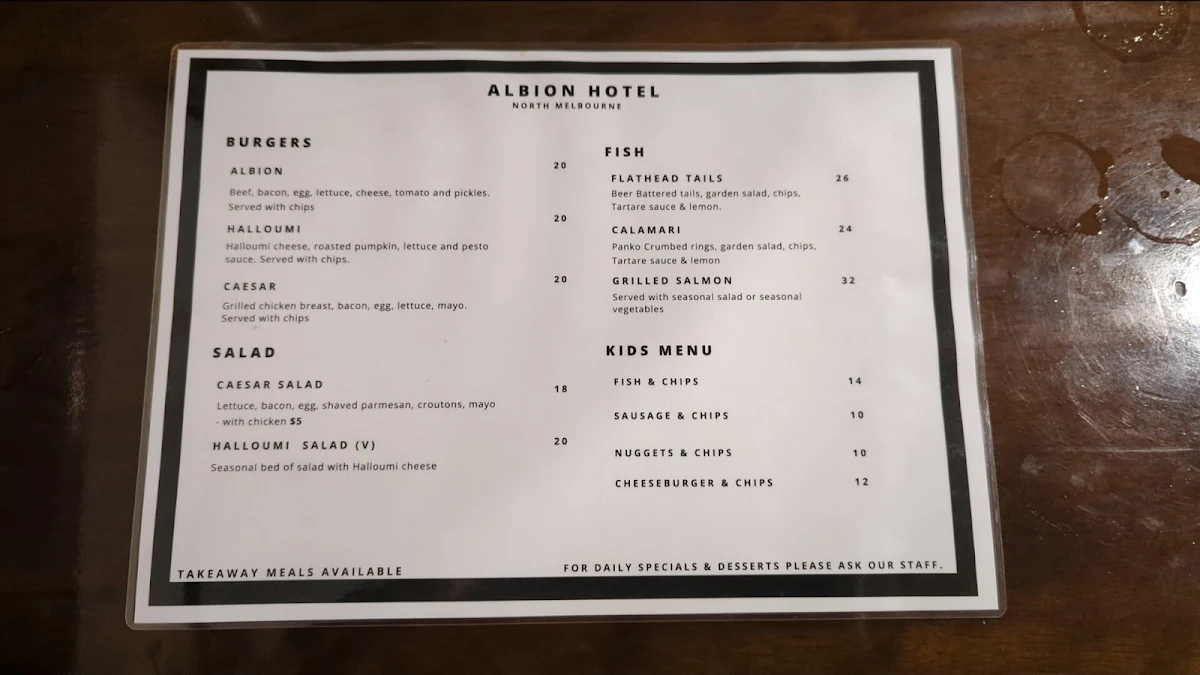 Menu, Albion Hotel North Melbourne
