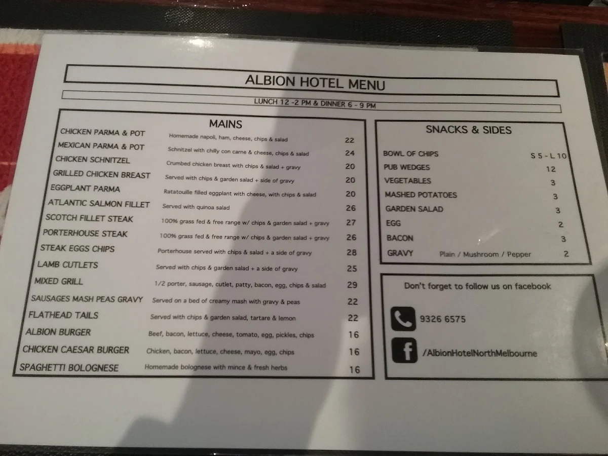 Menu, Albion Hotel North Melbourne
