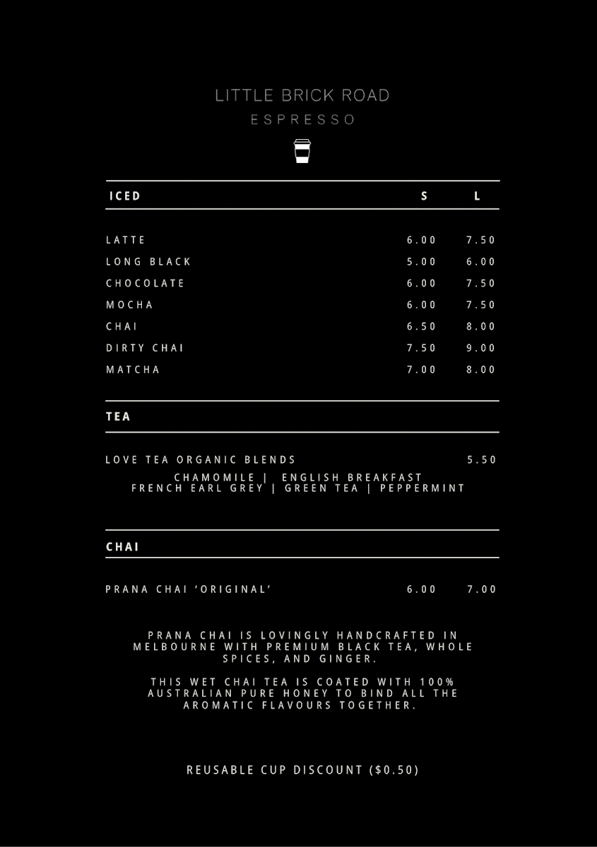 Menu, Little Brick Road Espresso