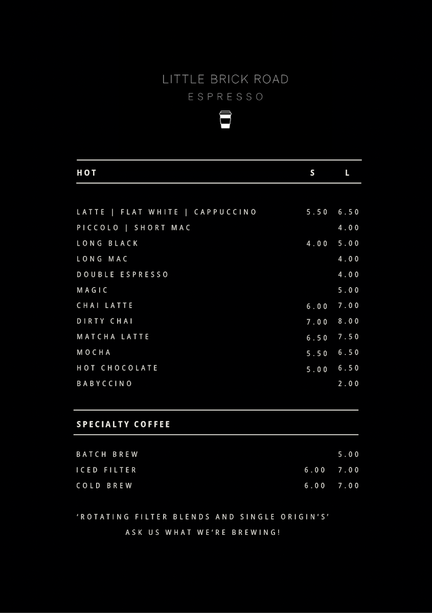 Menu, Little Brick Road Espresso