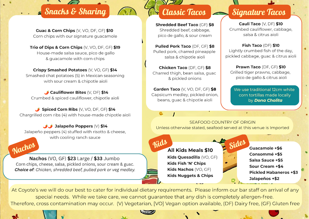 Menu, Coyote's Cantina