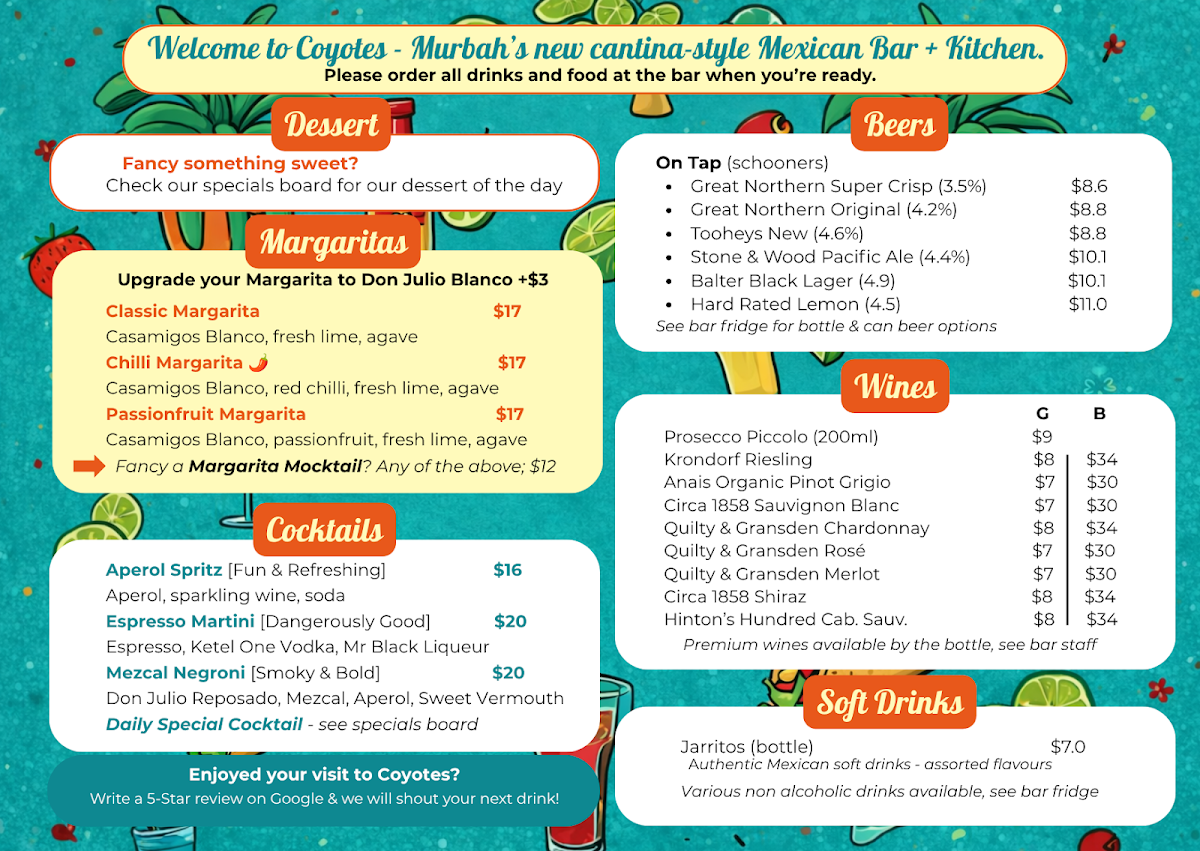 Menu, Coyote's Cantina