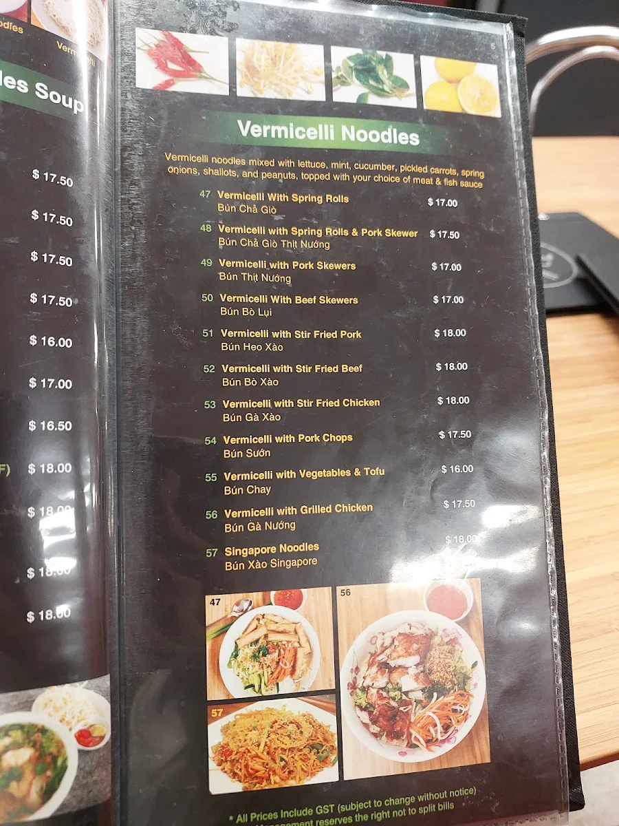 Menu, Pho Huong Viet Saigon