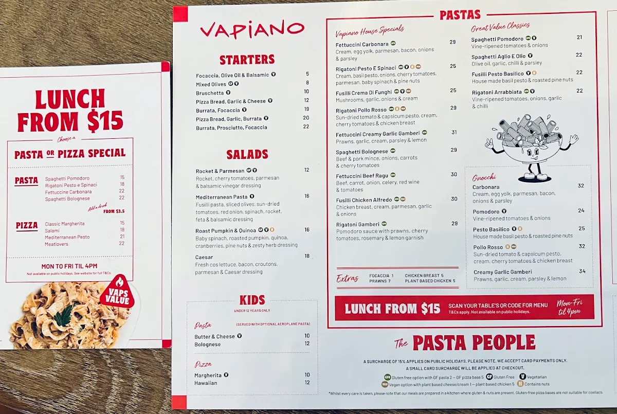 Menu, Vapiano Pitt Street