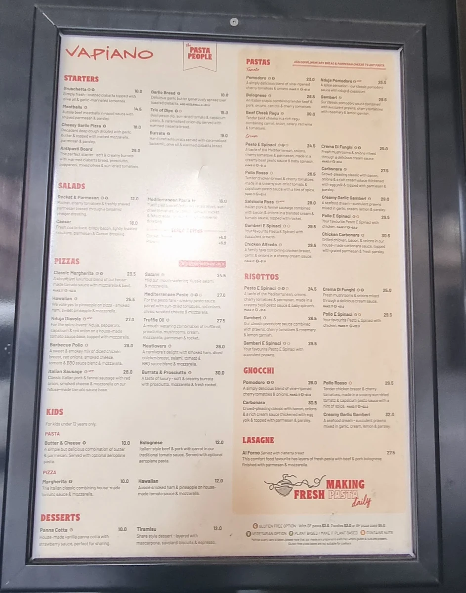 Menu, Vapiano Pitt Street