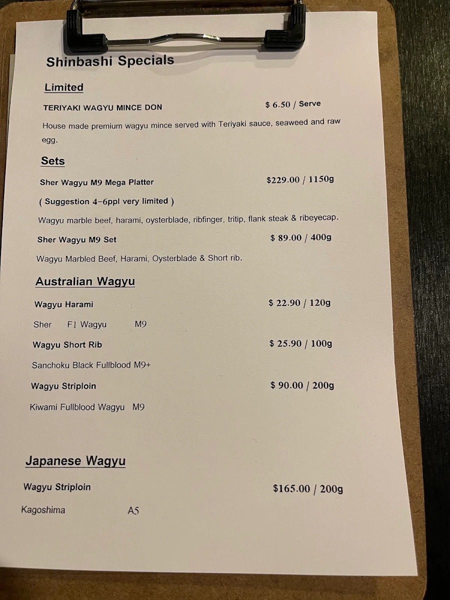 Menu, Shinbashi Yakiniku