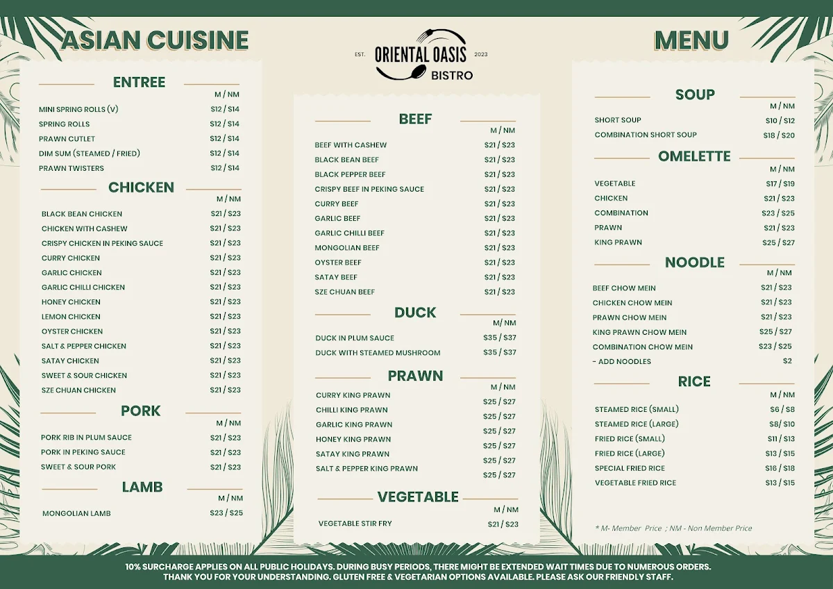 Menu, Oriental Oasis Bistro