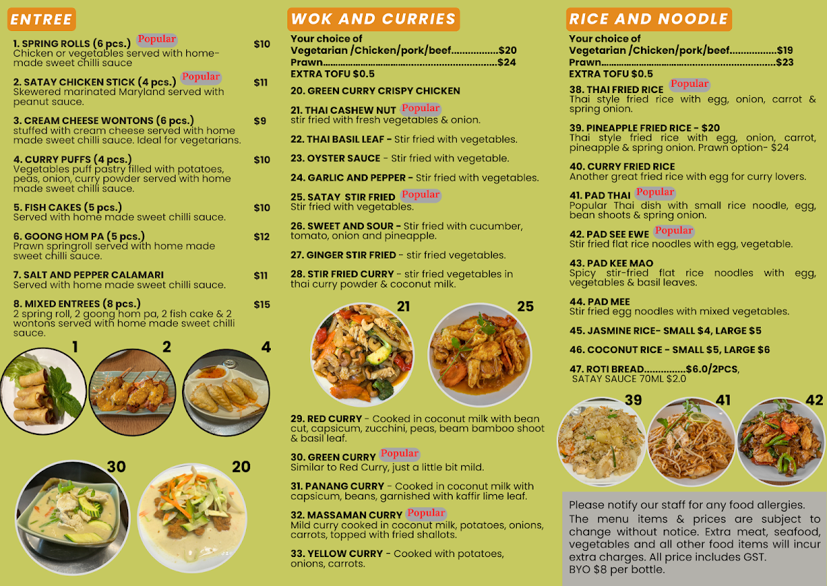 Menu, Thailicious at Clyde