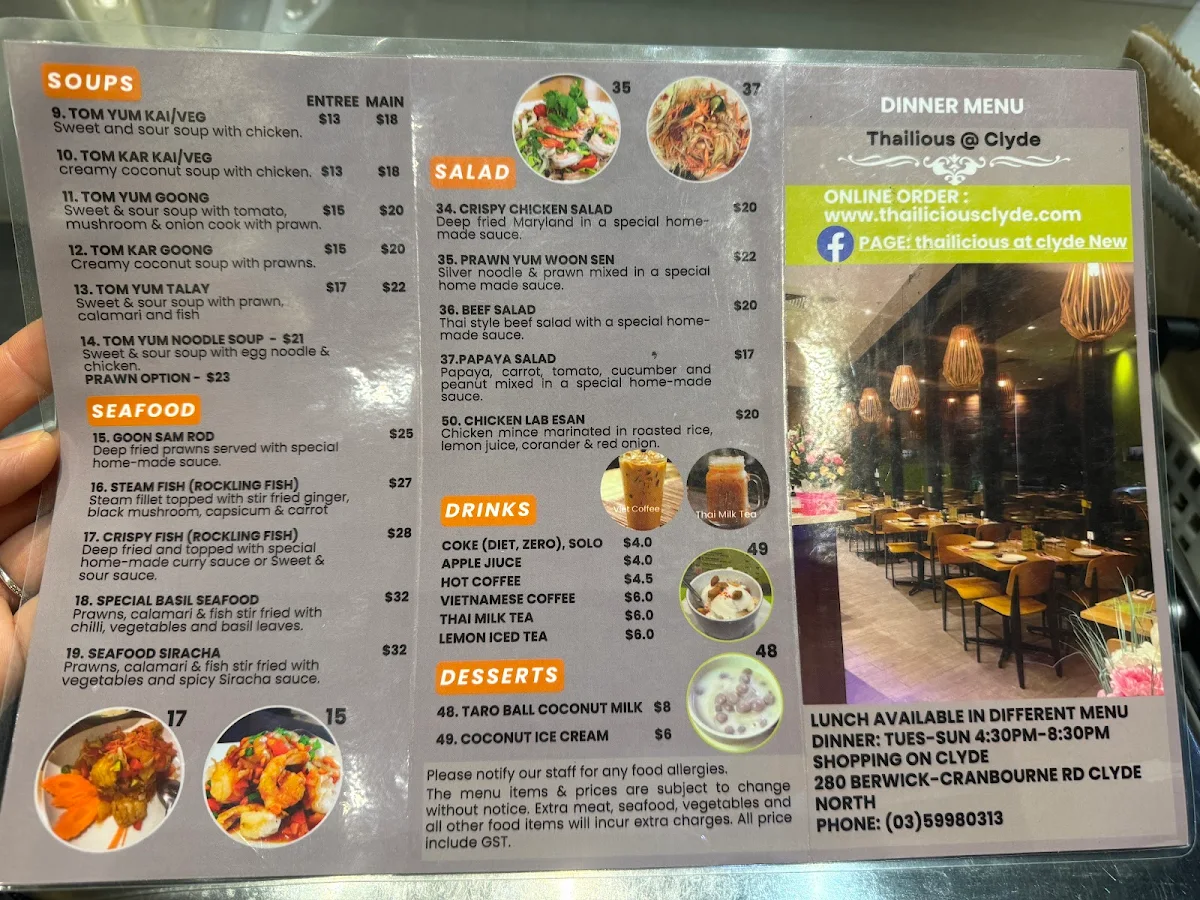 Menu, Thailicious at Clyde