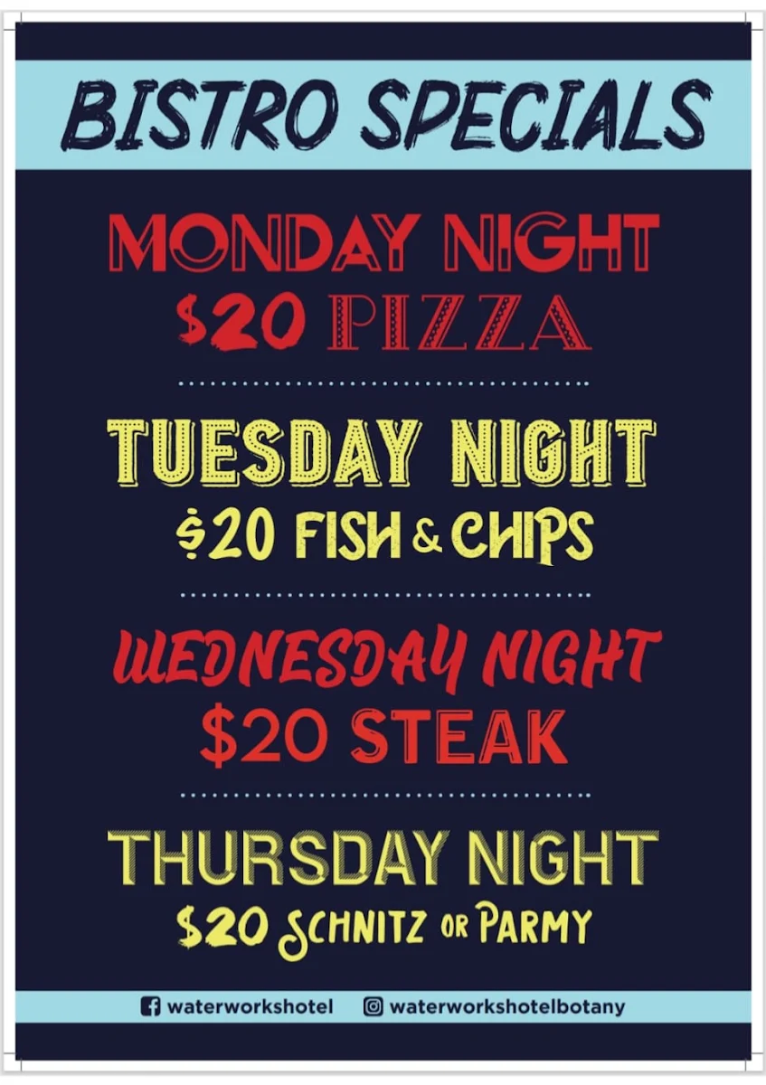 Menu, Waterworks Hotel