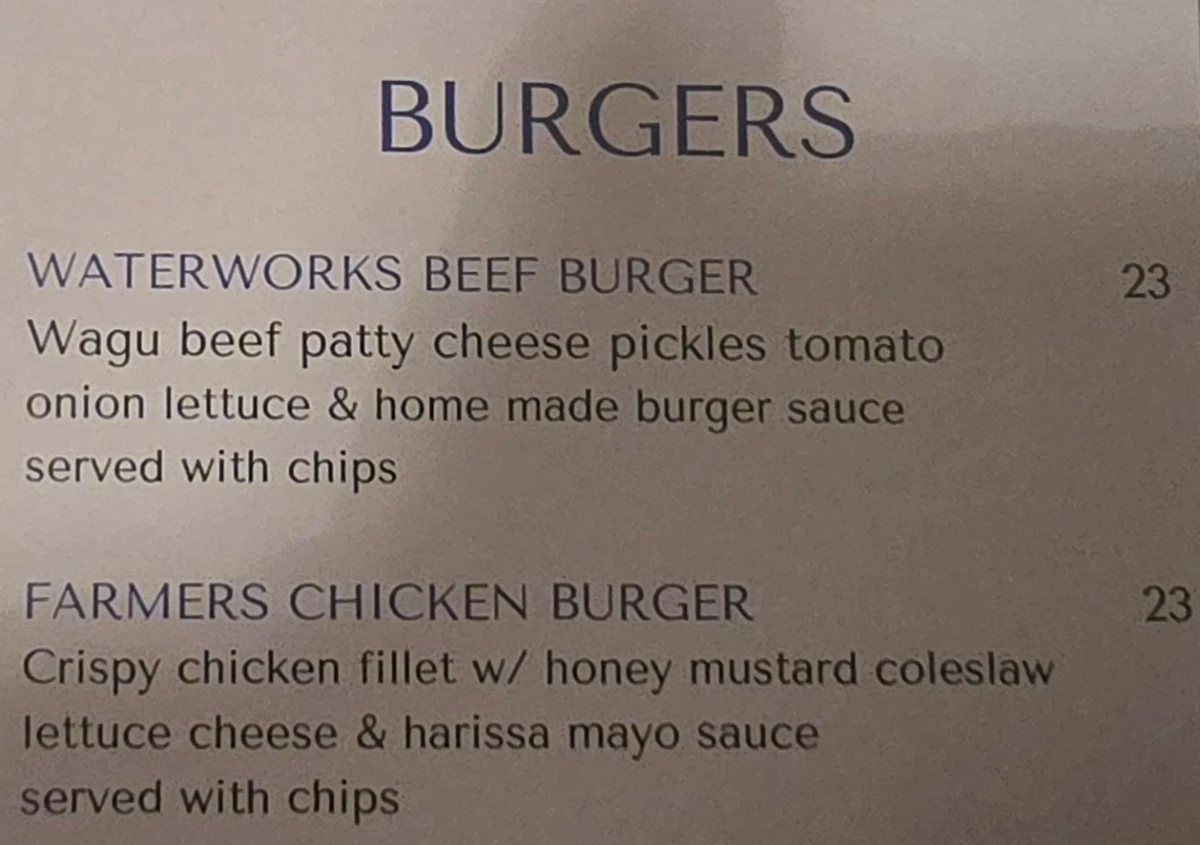 Menu, Waterworks Hotel