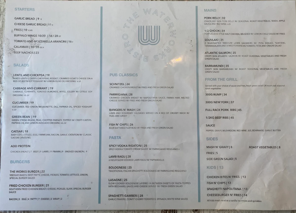 Menu, Waterworks Hotel