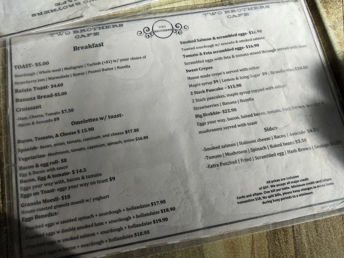 Menu, Two Brothers Cafe