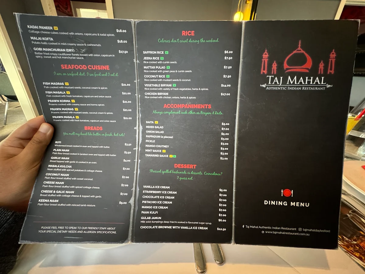 Menu, Taj Mahal Authentic Indian Restaurant
