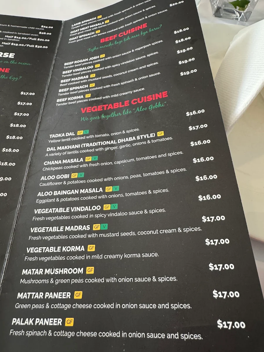 Menu, Taj Mahal Authentic Indian Restaurant