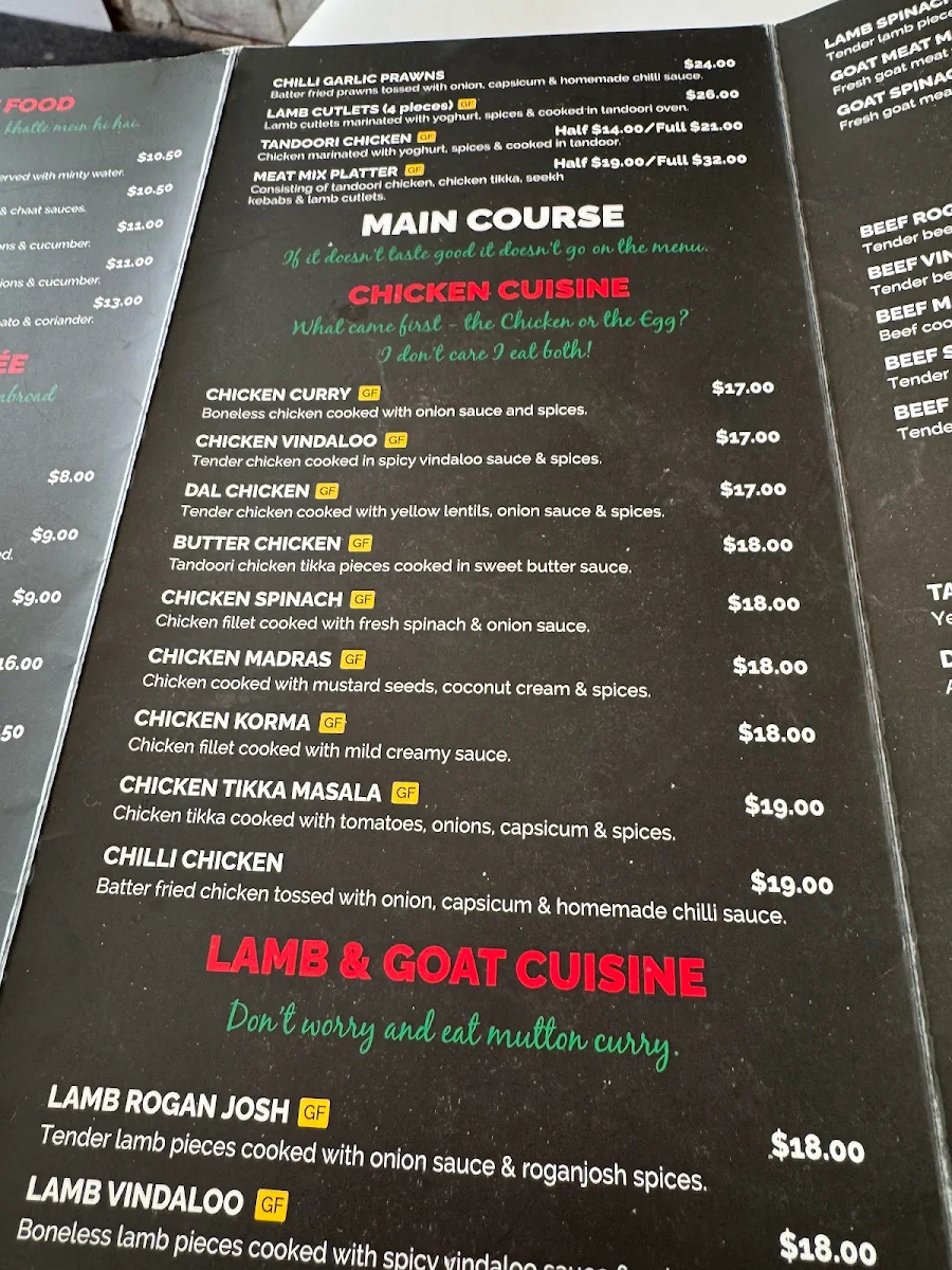 Menu, Taj Mahal Authentic Indian Restaurant