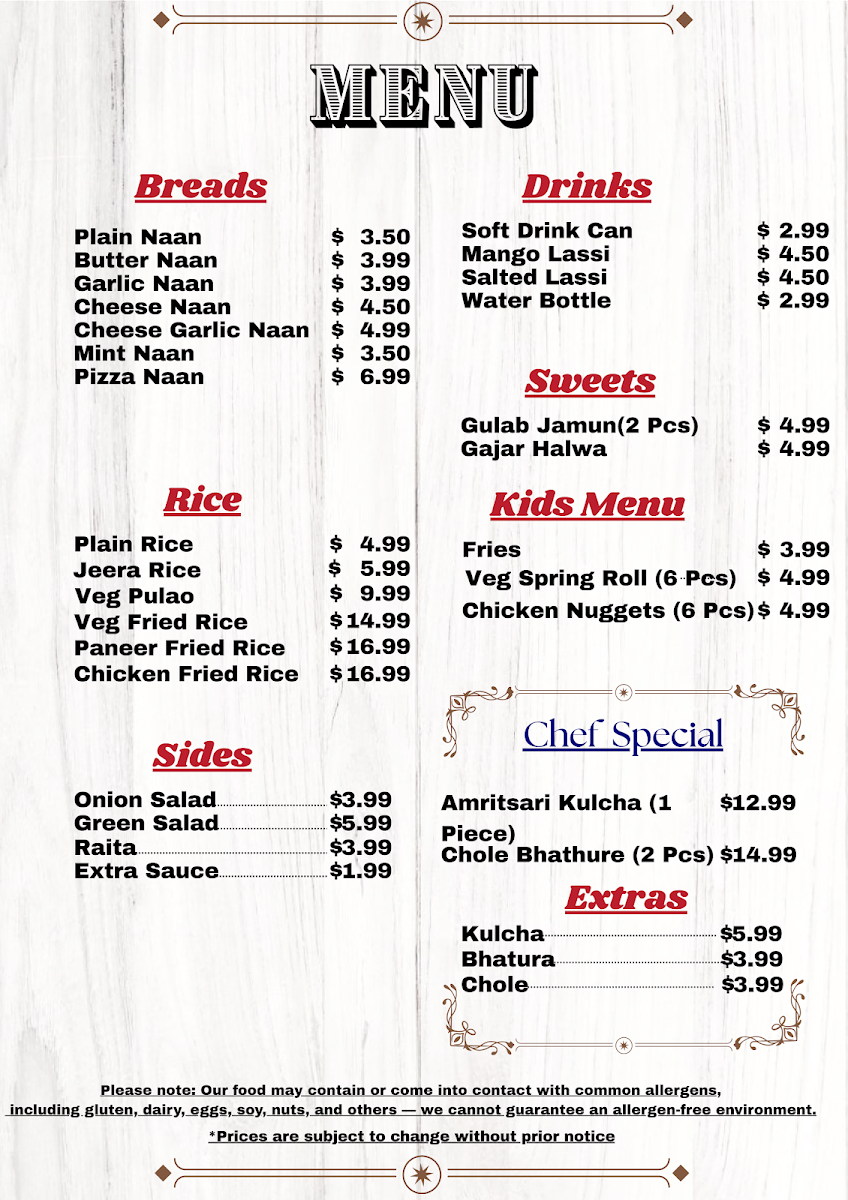 Menu, Tandoor Bros