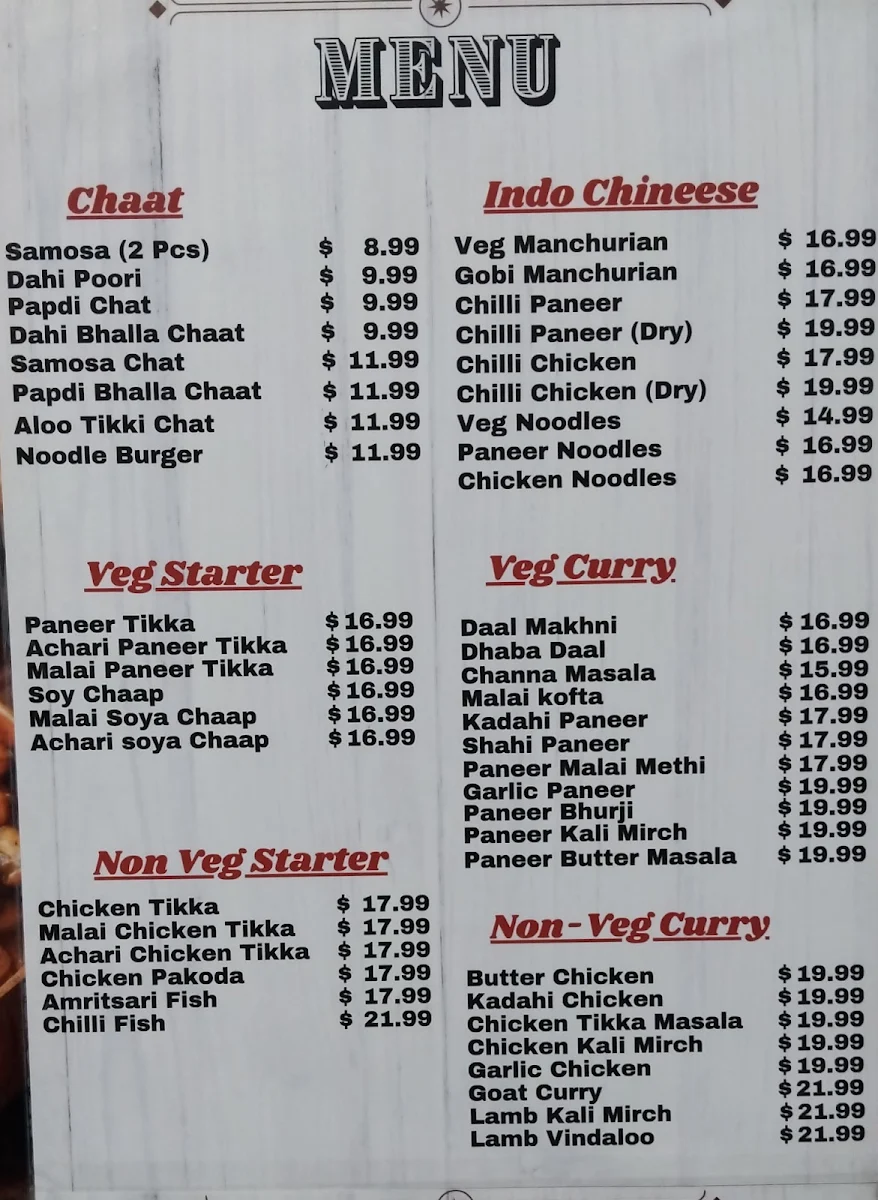 Menu, Tandoor Bros