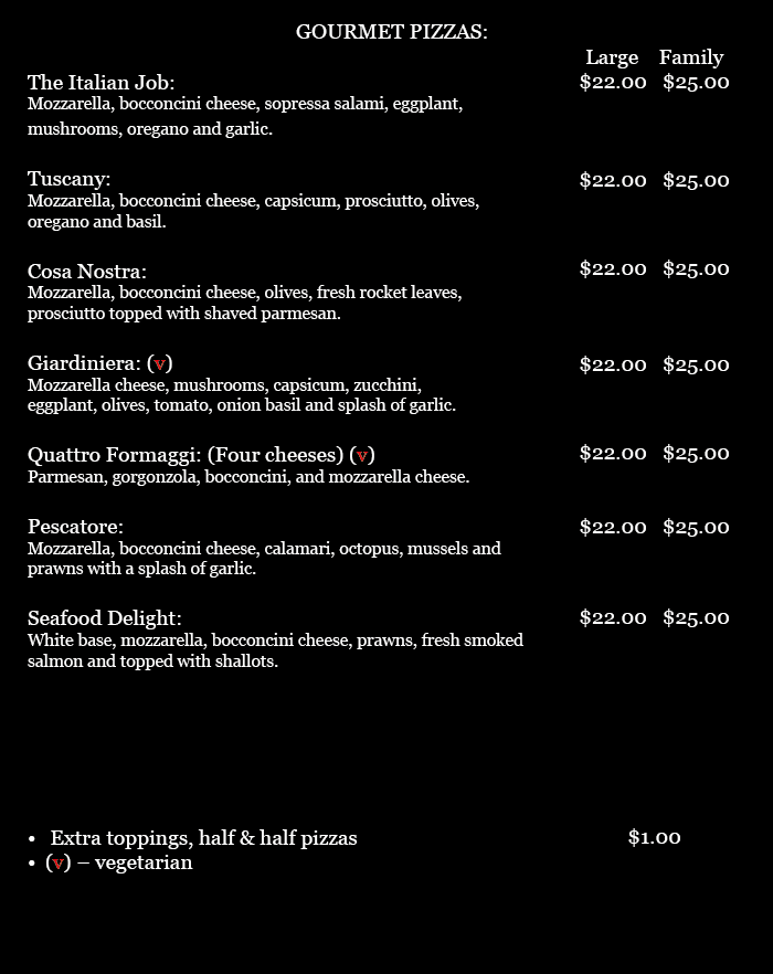 Menu, The Italian job cucina