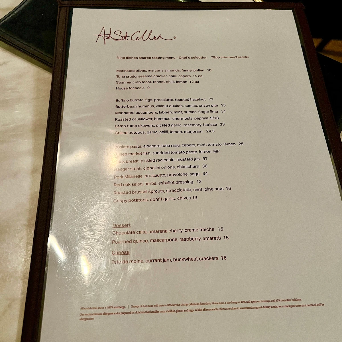 Menu, Ash St. Cellar
