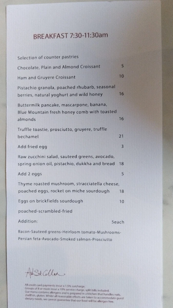 Menu, Ash St. Cellar