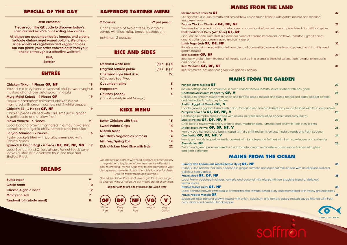 Menu, Saffrron Restaurant
