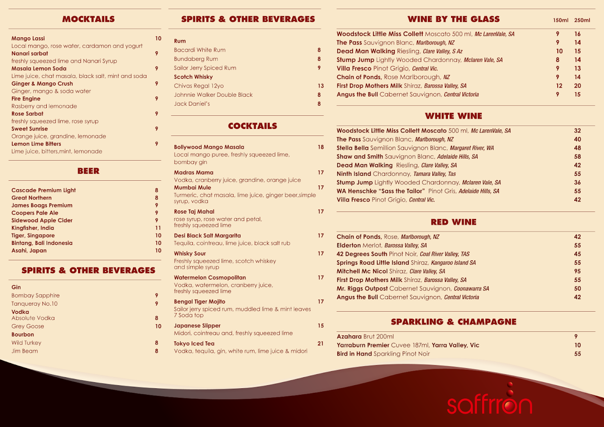 Menu, Saffrron Restaurant