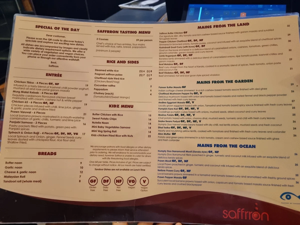 Menu, Saffrron Restaurant