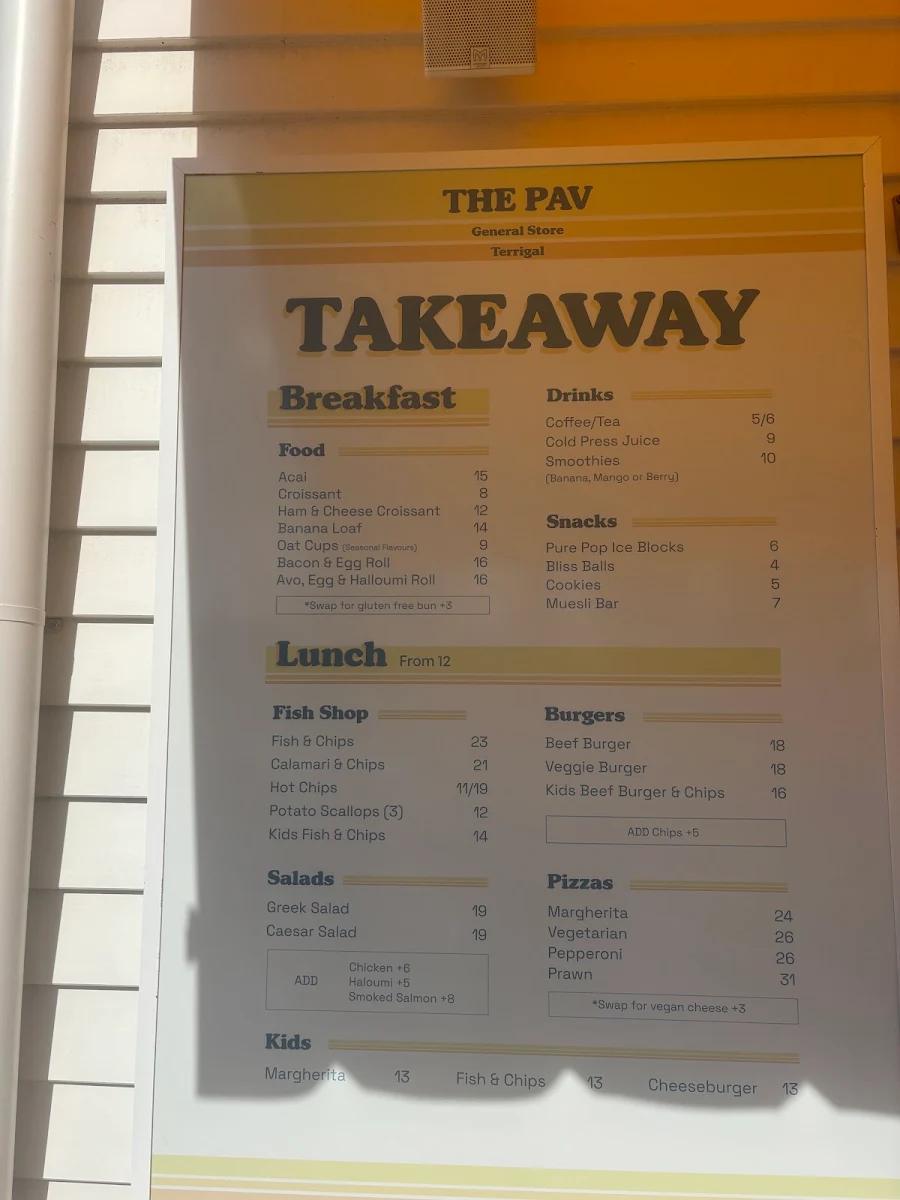 Menu, Terrigal Pavilion