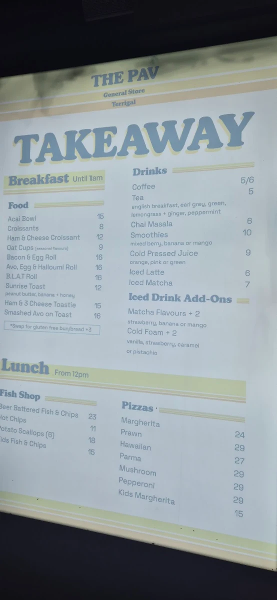 Menu, Terrigal Pavilion