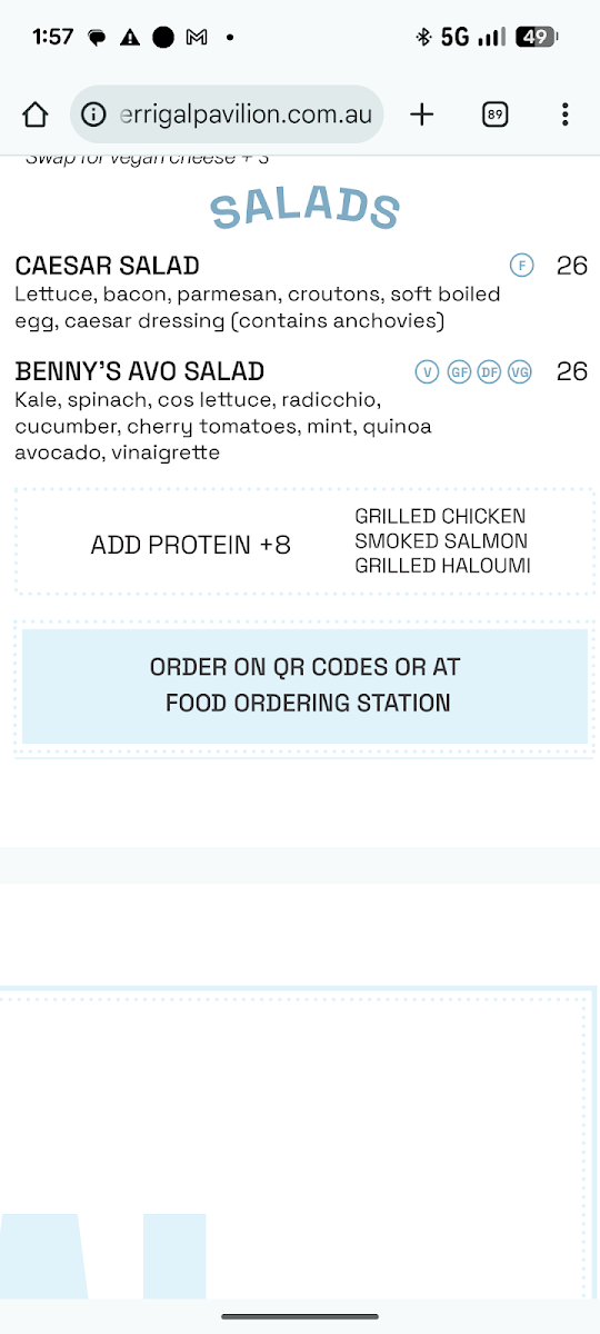 Menu, Terrigal Pavilion