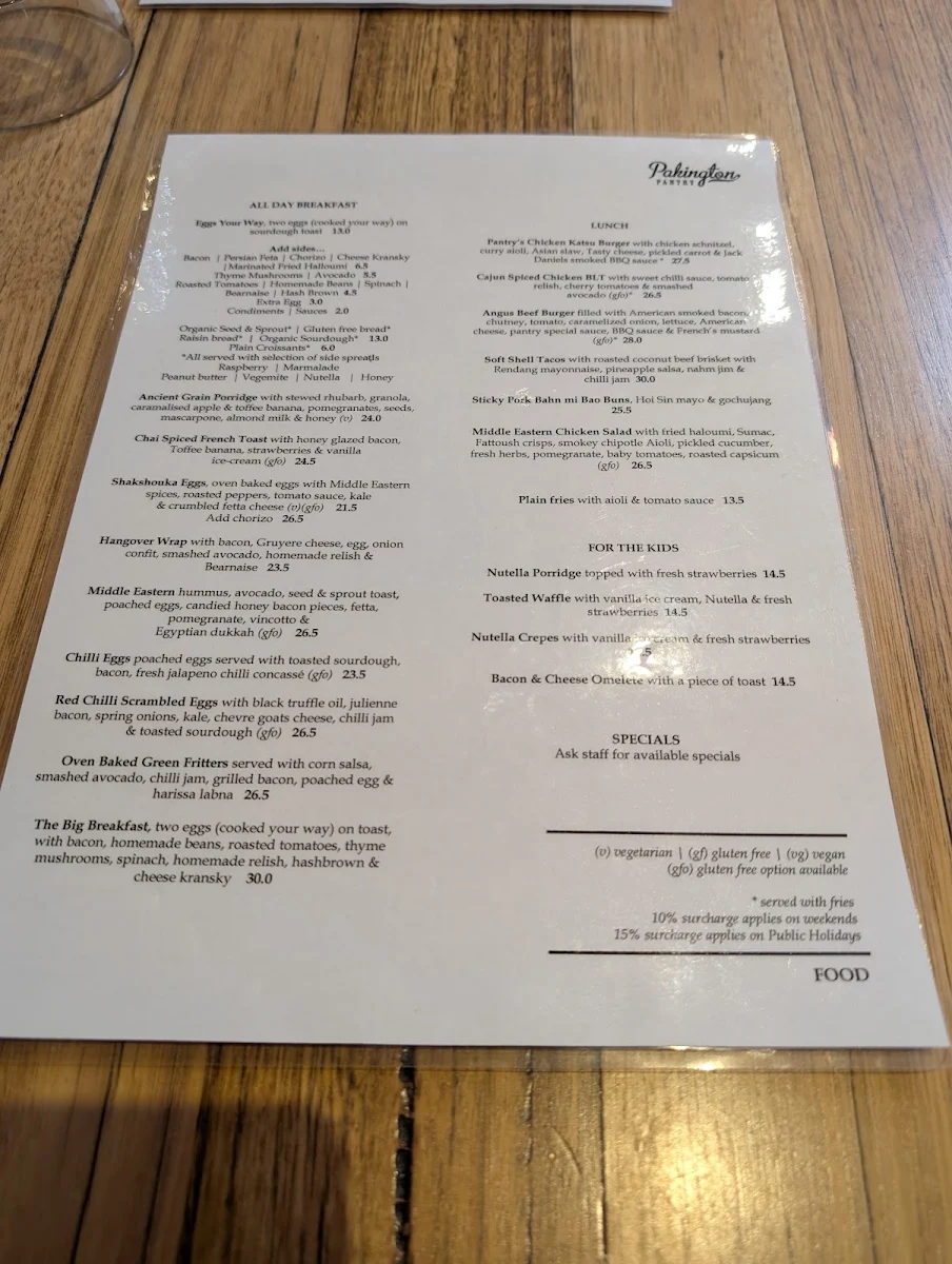 Menu, Pakington Pantry