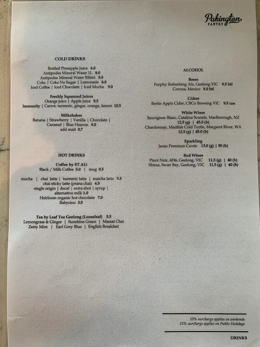 Menu, Pakington Pantry