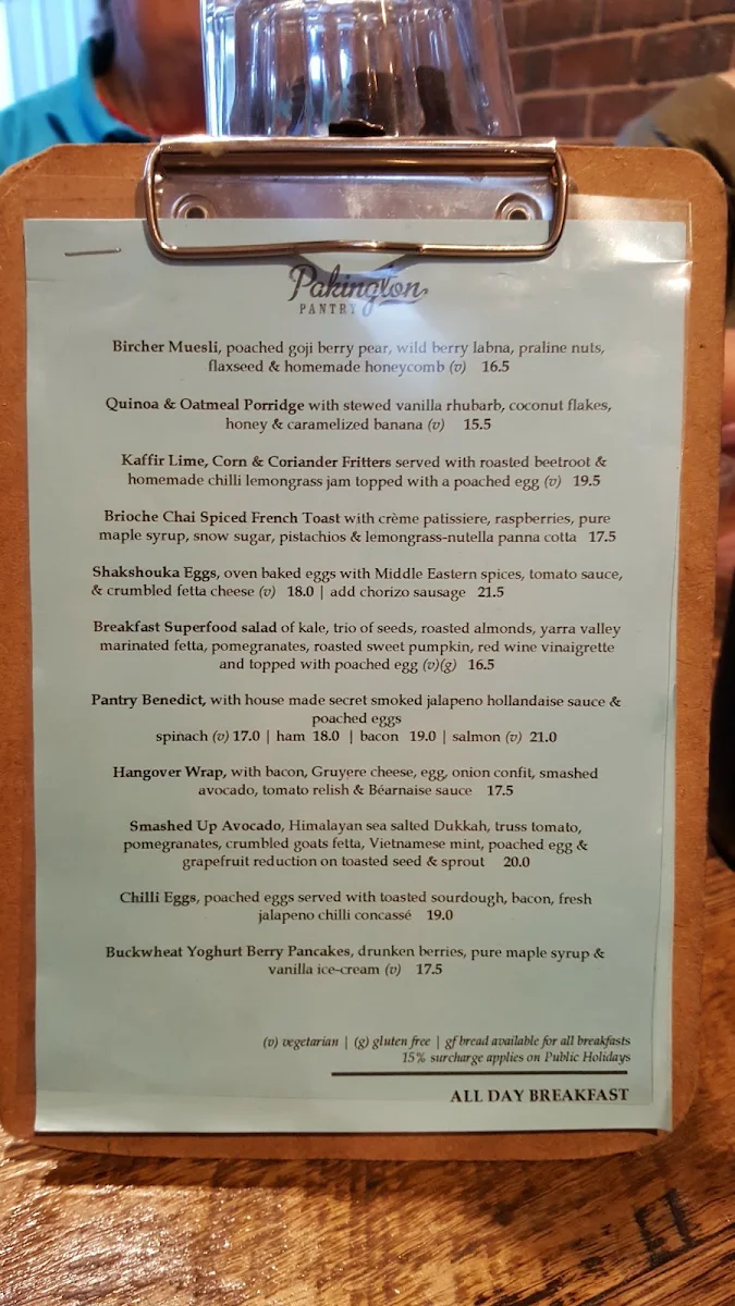 Menu, Pakington Pantry