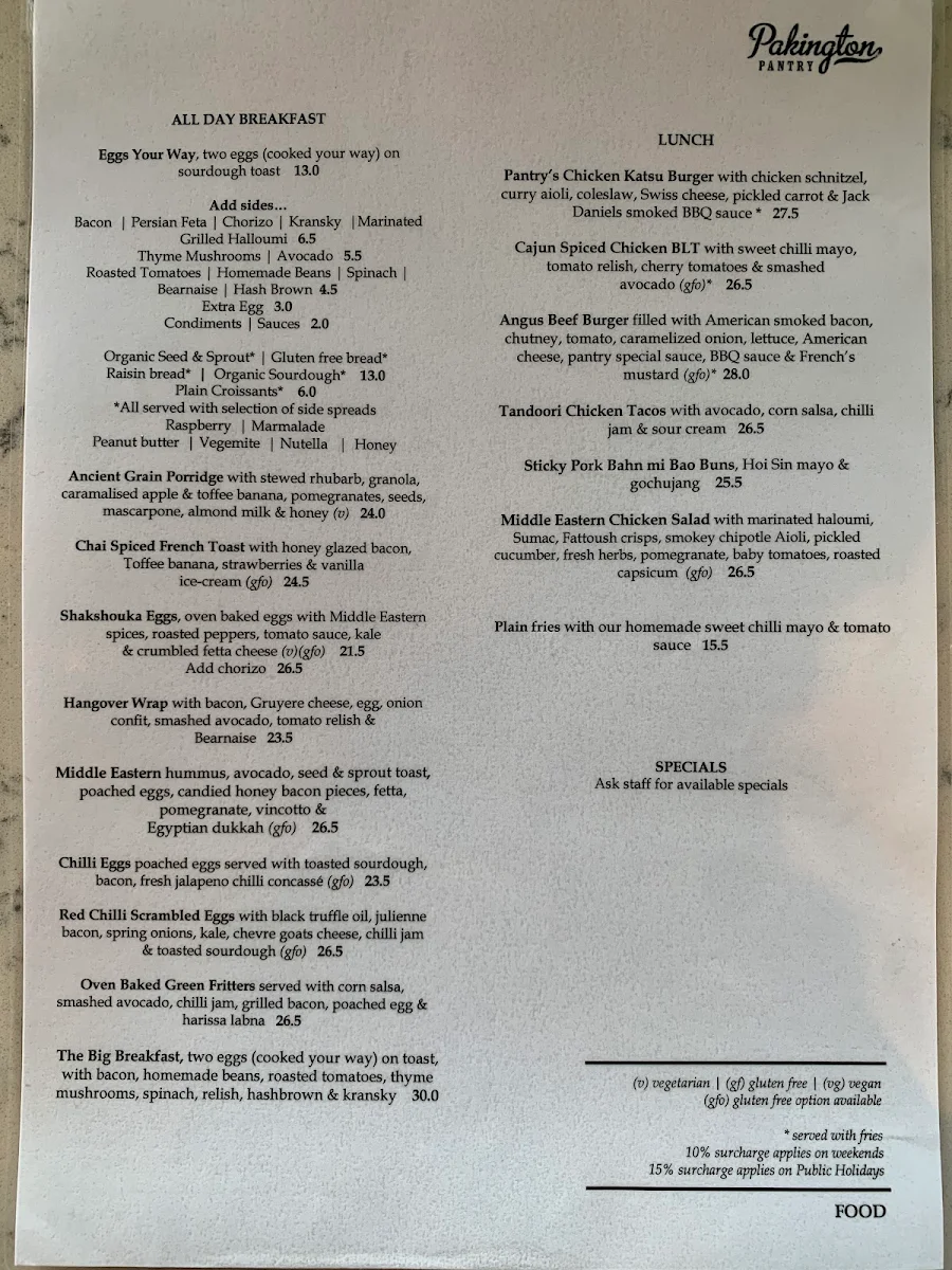 Menu, Pakington Pantry